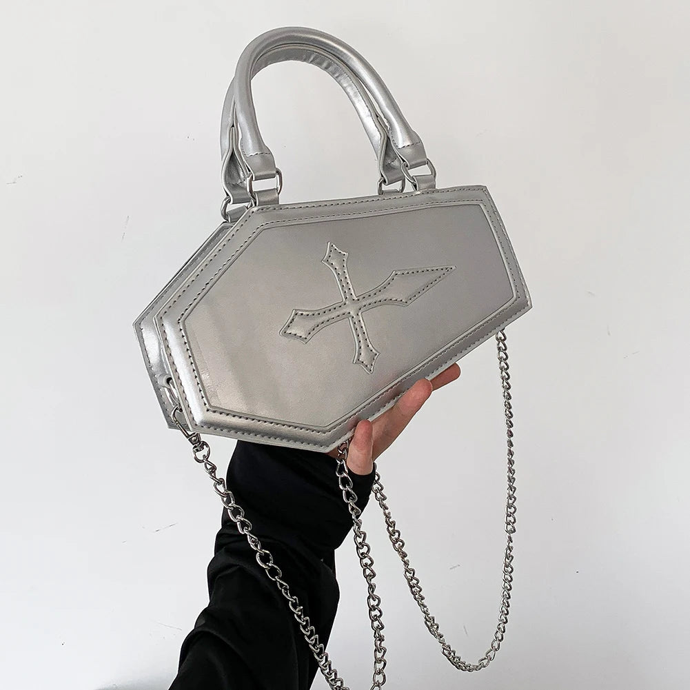 Women Crossbody Bag Large Capacity Coffin Shape Phone Shoulder Bag Halloween PU Top Handle Bag for Travel Make Up Cosmetic Bag Good Vibrations