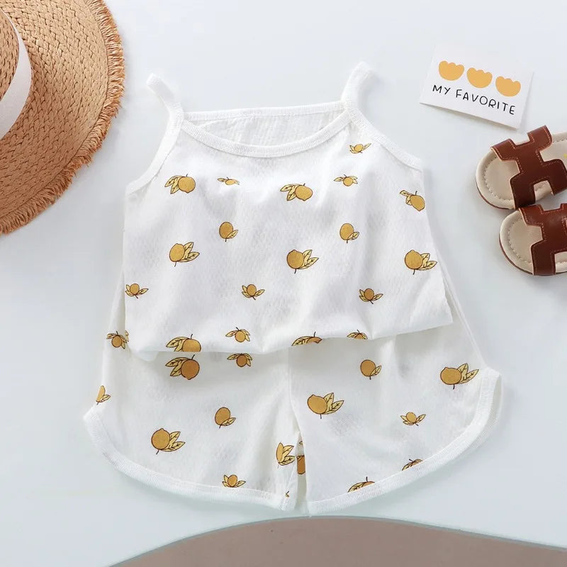 Girls Summer Clothes Sets New Baby Sleeveless Tops Shorts 2 Pieces Suit Girls Square Collar Clothing Set Kids Cotton Clothes Good Vibrations