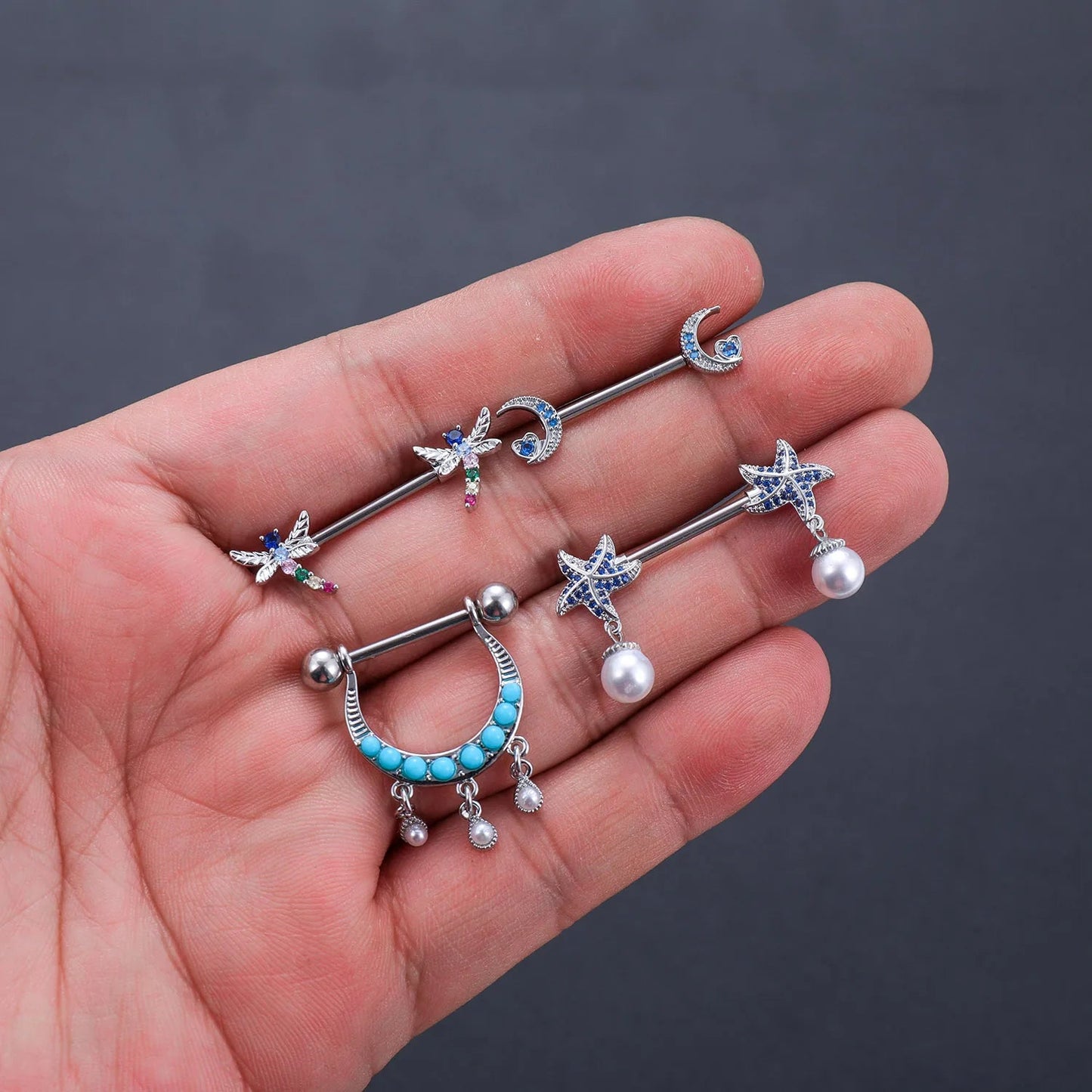2pcs Steel Bear Dangled Zircon Nipple Piercing Sexy Breast Cover for Women Fashion Starfish Heart Shield Bar Barbell Nipple Ring Good Vibrations Adult Super Store