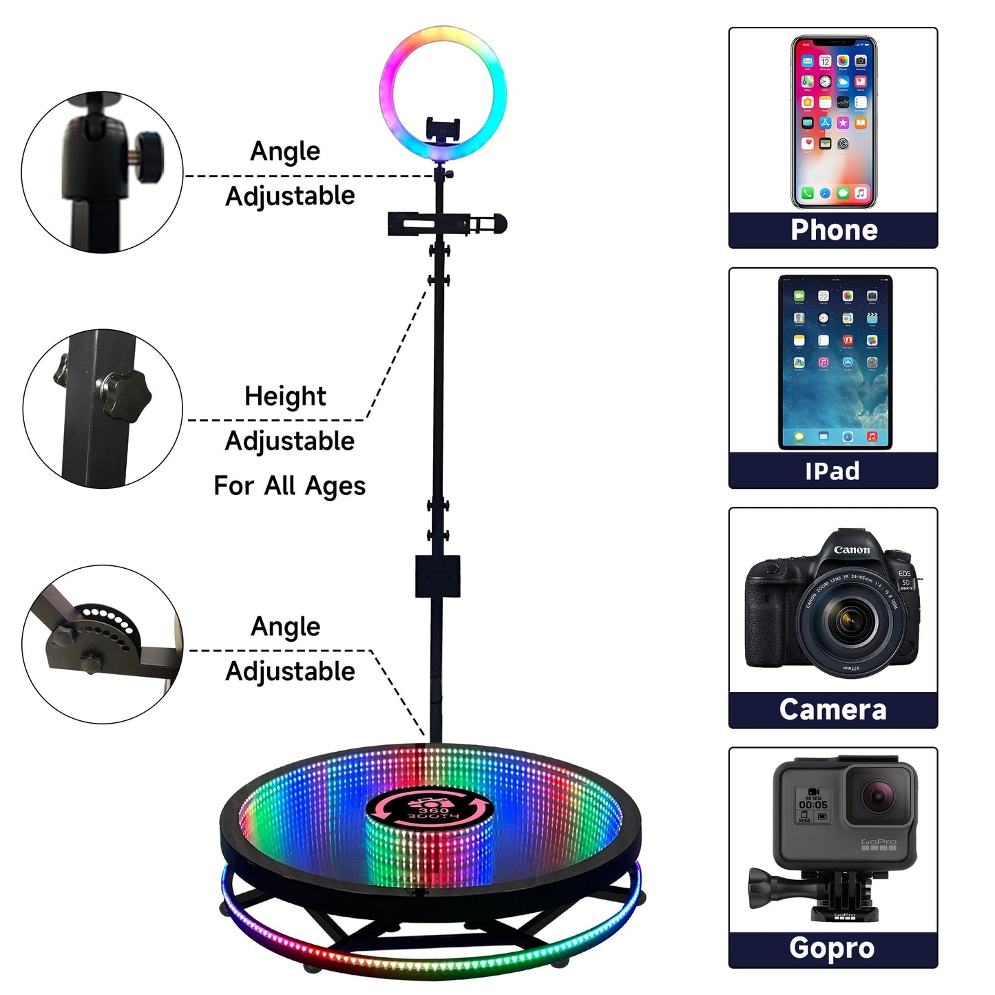 360 Photo Booth Machine Portable Free Custom Logo Automatic Glass 360 Video Booth with Flight Case for Party Events Wedding Good Vibrations