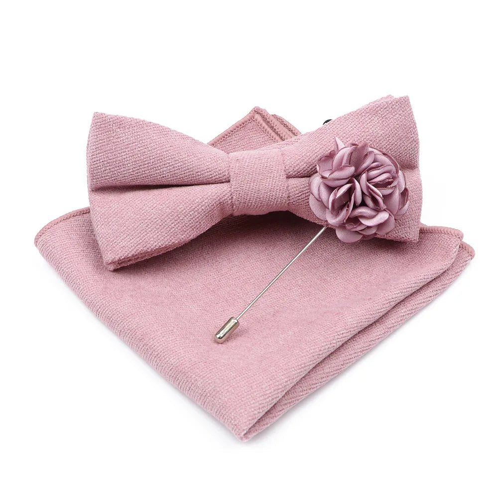 Mens Solid Color Cotton Bowtie Pocket Square Brooch Sets Pink Blue Super Soft Suede Bow Tie Handkerchief For Wedding Party Gift Good Vibrations
