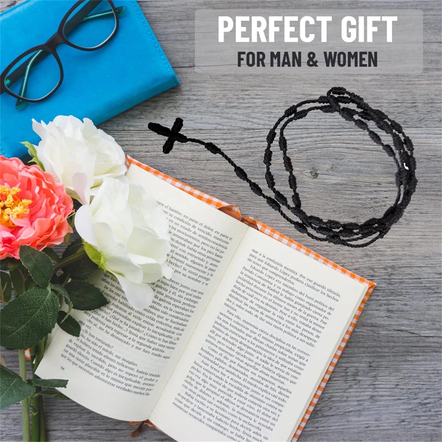 1Pc Handmade Knotted rosary with Cross Charm - Red rope rosary- necklace cord, Black thread rosary, Blue Handmade Rosary, Lightw Good Vibrations