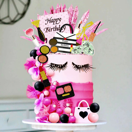 LaVenty Makeup Cake Toppers Glamour Party Decorations Girl Birthday Cake Topper Balls Palm Leaves Cake Topper Spa Cake Topper Good Vibrations