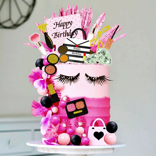 LaVenty Makeup Cake Toppers Glamour Party Decorations Girl Birthday Cake Topper Balls Palm Leaves Cake Topper Spa Cake Topper Good Vibrations