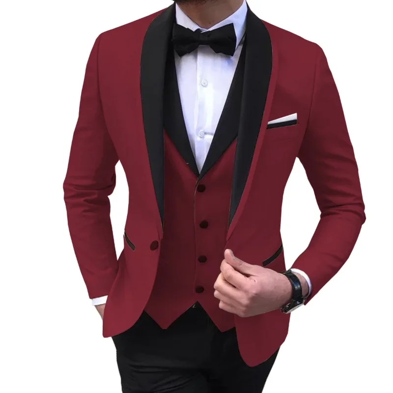 3 Piece Blue Mens Suits Black Shawl Lapel Casual Tuxedos for Wedding Groomsmen Suits Men (blazer+vest+pants) Good Vibrations