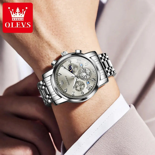 OLEVS Men's Watches Classic Multifunctional Fltwheel Chronograph Original Quartz Wristwatch Moon Phase 24 Hour Waterproof reloj Good Vibrations