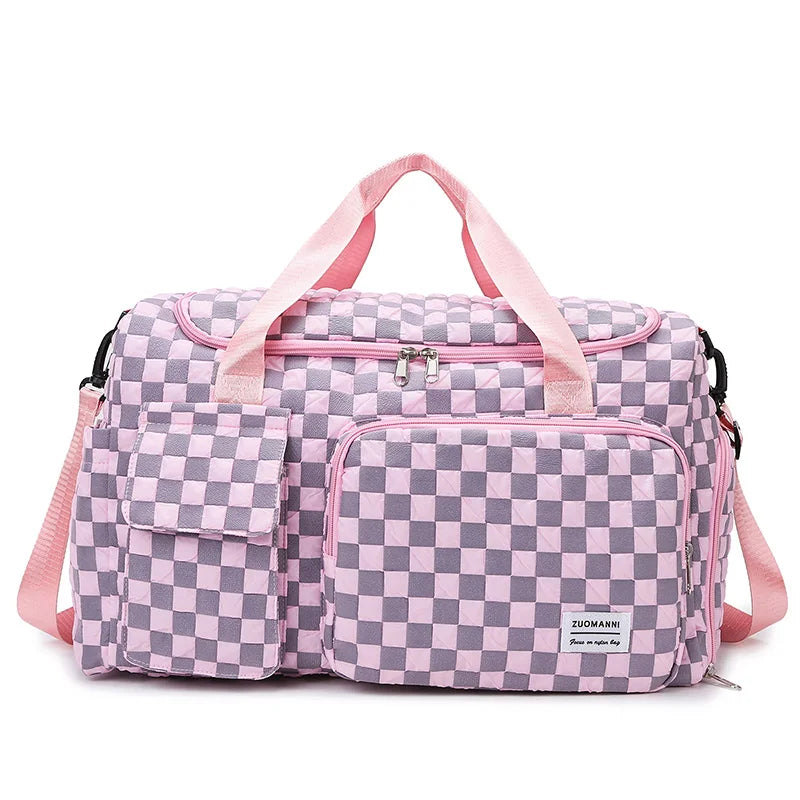 Fashion Large Capacity Checkerboard Pattern Duffle Handbag, Lightweight Travel Luggage Storage Bag, Portable Sports Fitness Bag Good Vibrations