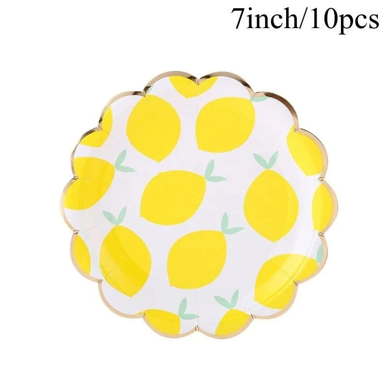 Lemon Disposable Tableware Paper Cups Plates Cake Toppers for Summer Lemon Happy Birthday Pool Party Decoration DIY Cake Supply Good Vibrations