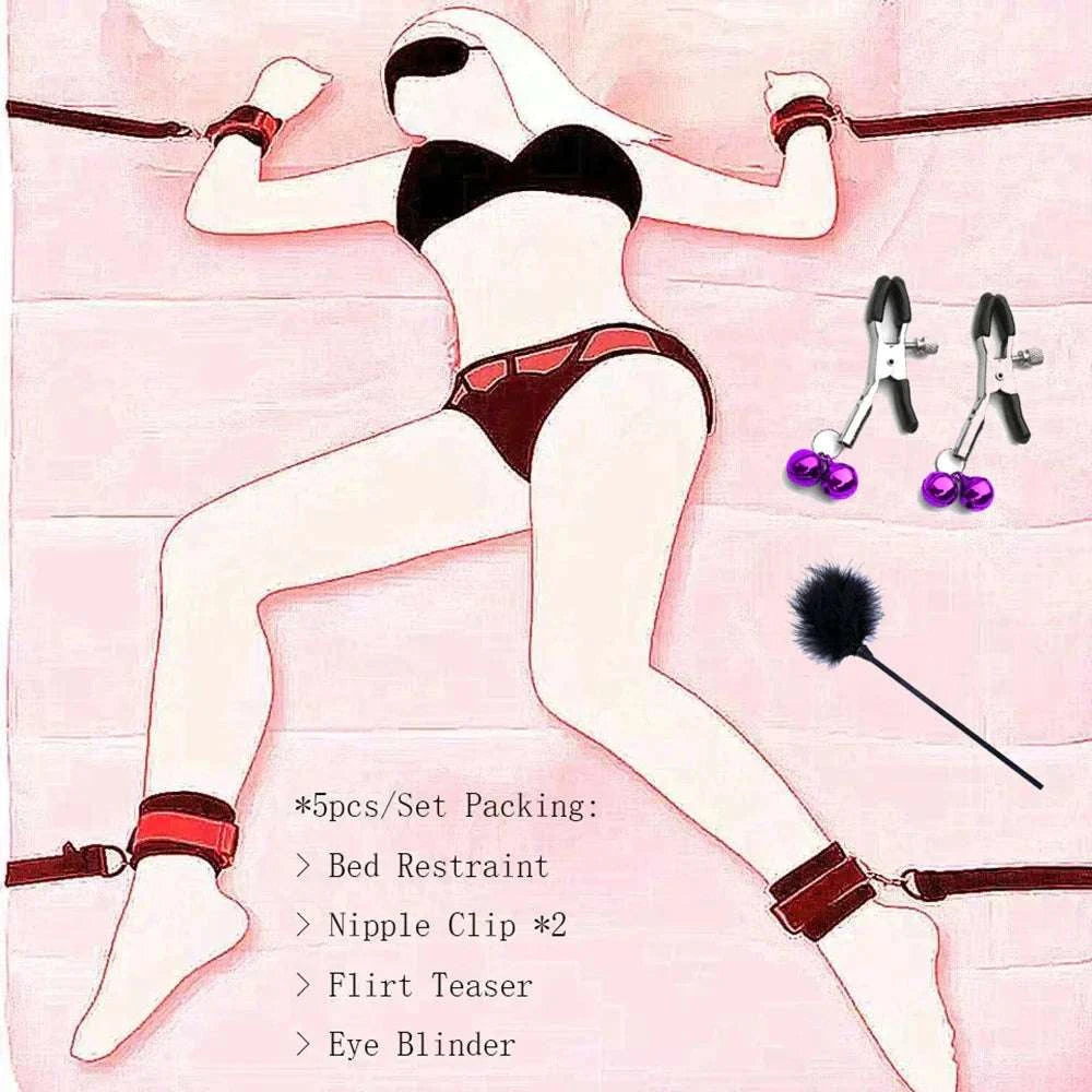 Sex bed restraint system with handcuffs and ankle cuffs for couples' BDSM play.
