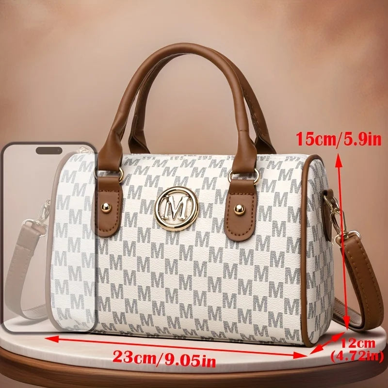 Women's Small Shoulder Crossbody Bag with Golden "M" Design, Synthetic Faux Leather Purse for Work, Travel, Parties & Gifts Good Vibrations