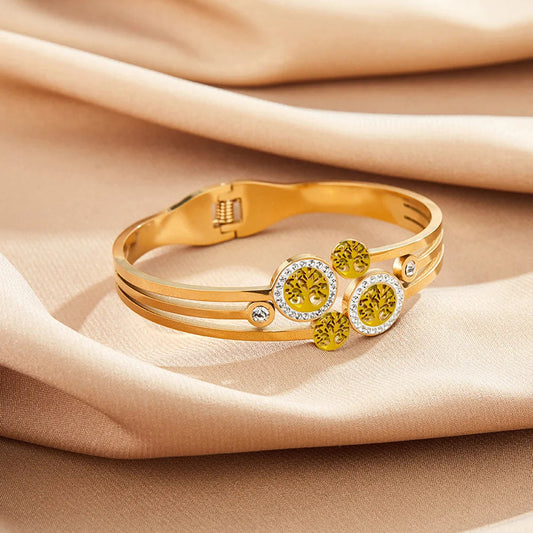 Round stainless steel spring bracelet, gold-plated tree of life bracelet, luxury crystal zircon, women's bracelet, wedding wear Good Vibrations
