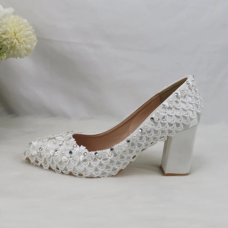 BaoYaFang New Arrival Thick Heel Pointed Toe Womens Wedding Shoes High Heels ladies fashion shoes woman White Lace ankle strap Good Vibrations