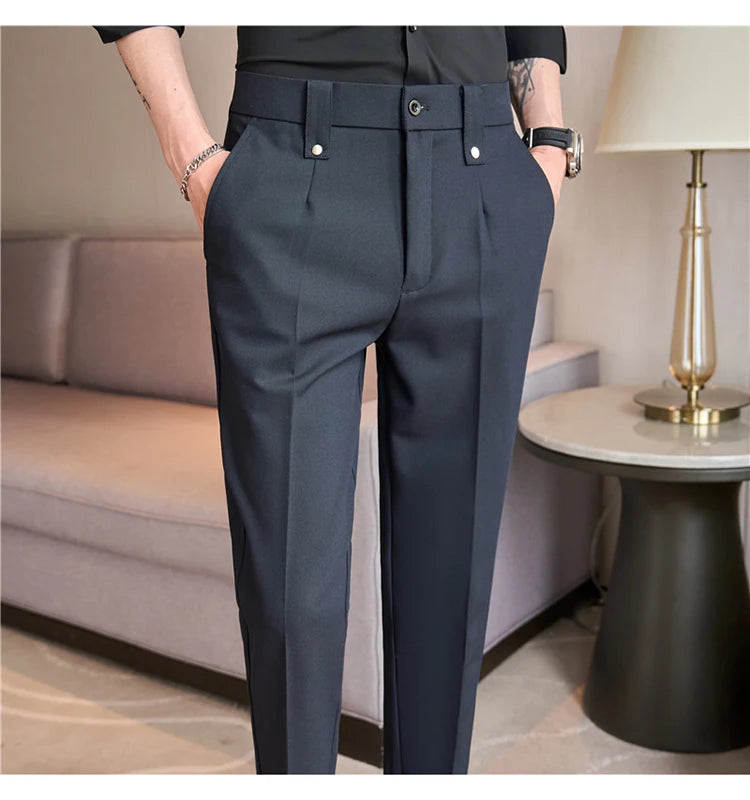 Mens Suit Pants 2025 Autumn New British Style Elastic Waist Solid Casual Formal Dress Pants Slim Fit Trousers for Men Clothing Good Vibrations