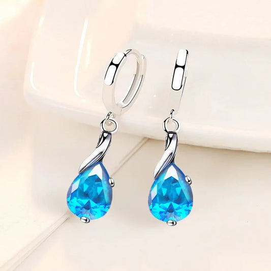 925 Sterling Silver New Woman Fashion Jewelry High Quality Blue Crystal Zircon Water Drop Mid-length Hot-selling Earrings Good Vibrations Adult Super Store