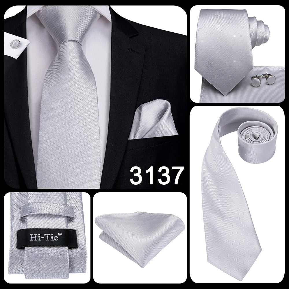 Men's Ties White Sliver Hanky Cufflinks Set Silk Neck ties For Men Wedding Party Business Mens Tie 2022 New Fashion Brand Hi-Tie Good Vibrations
