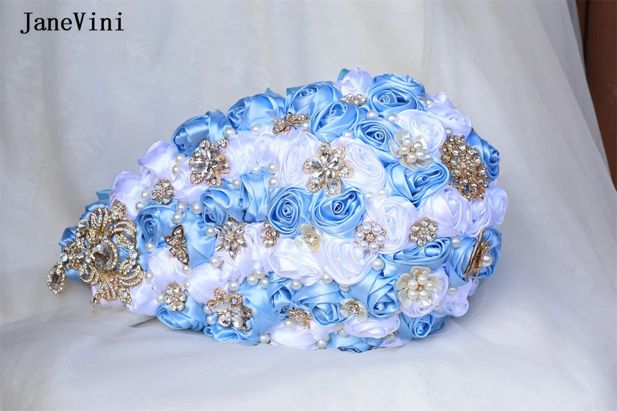 JaneVini Elegant Korean Light Blue Cascading Flowers Crystal Waterfall Bridal Bouquets Pearl Ribbon Roses Wedding Brooch Bouquet Good Vibrations