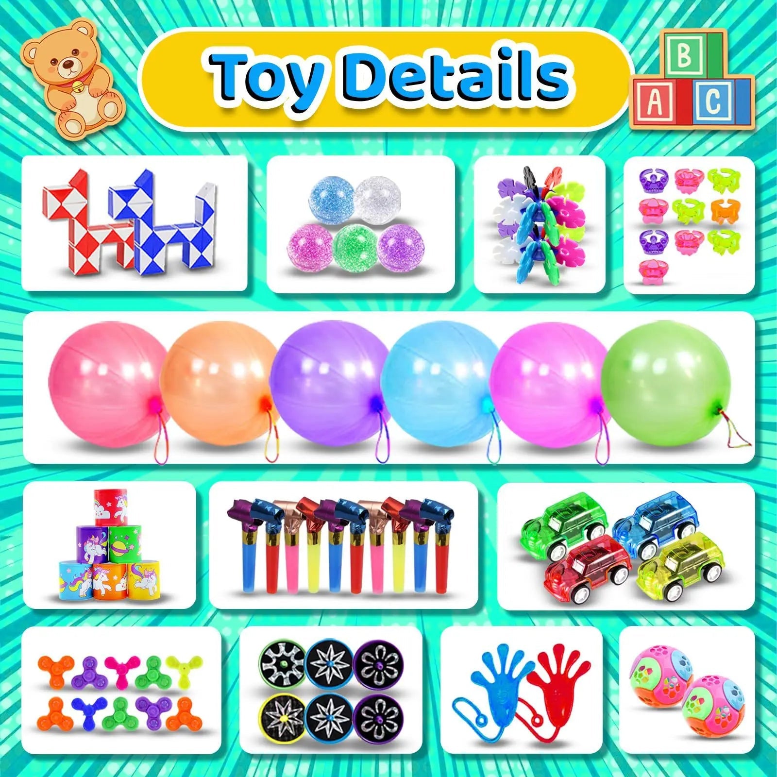 117/124/135pc Kids Birthday Pinata Toys Snap Bracelets Push Bubble Fidget Toys Carnival Prize Pinata Filler Bulk Toys Kids Gifts Good Vibrations