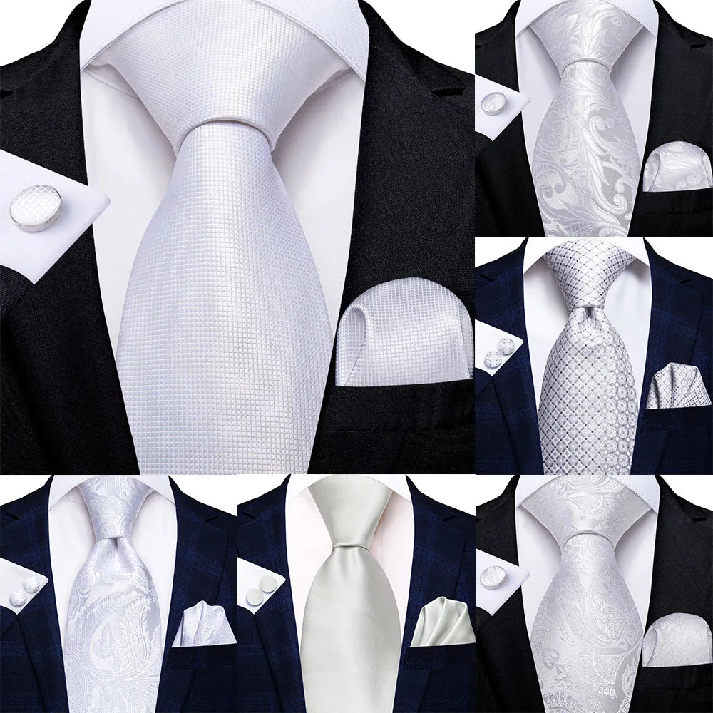 Men's Ties White Sliver Hanky Cufflinks Set Silk Neck ties For Men Wedding Party Business Mens Tie 2022 New Fashion Brand Hi-Tie Good Vibrations