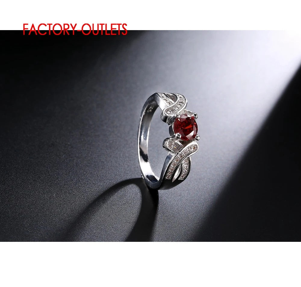 Women's Charm Jewelry Shiny CZ Crystal Genuin 925 Sterling Silver Engagement Ring With Red Stone Fashion Dancing Party Accesorry Good Vibrations