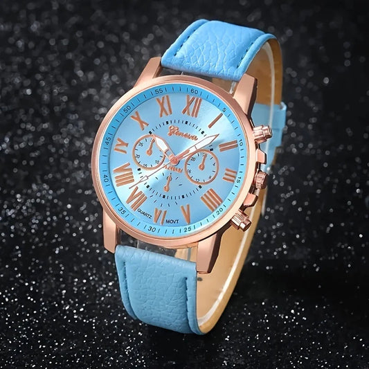 Fashion quartz watch and jewelry set, shock resistant circular analog digital display, PU leather strap, zinc alloy case Good Vibrations
