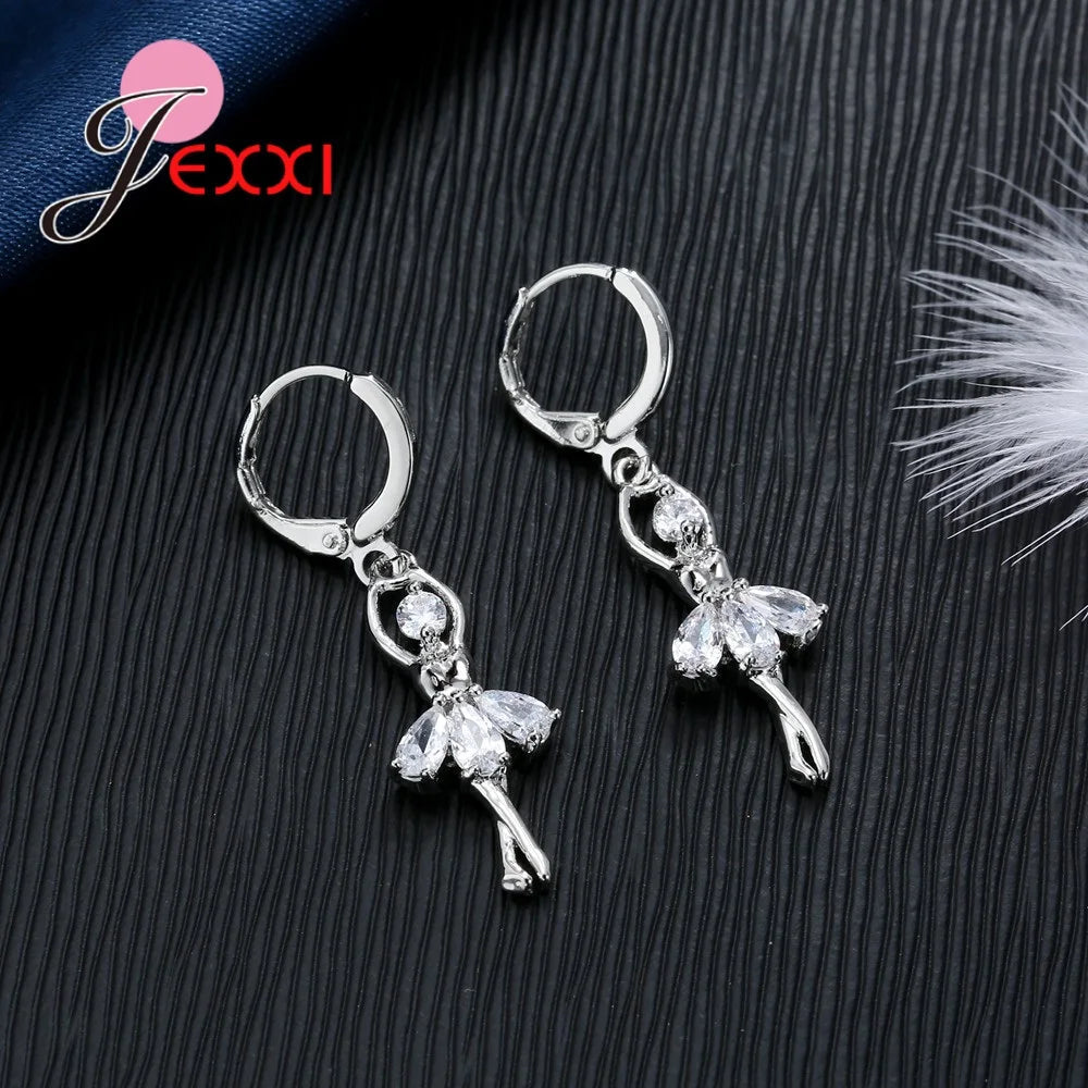 Charm 925 Sterling Silver Necklace Earrings Chain Jewelry Sets for Women Gorgeous Crystal Dacing Girls Wedding Party Accessory Good Vibrations