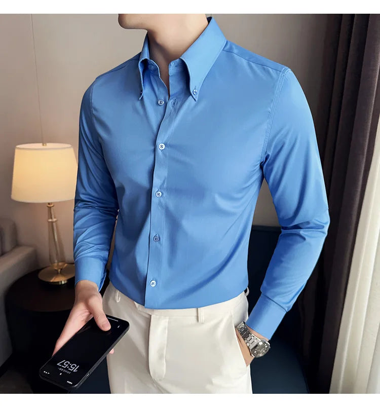 High Quality Versatile Business Casual Shirt Men Korean Fashion Long Sleeved Slim Fit Shirt Office Work Uniform Men Clothing 6XL Good Vibrations