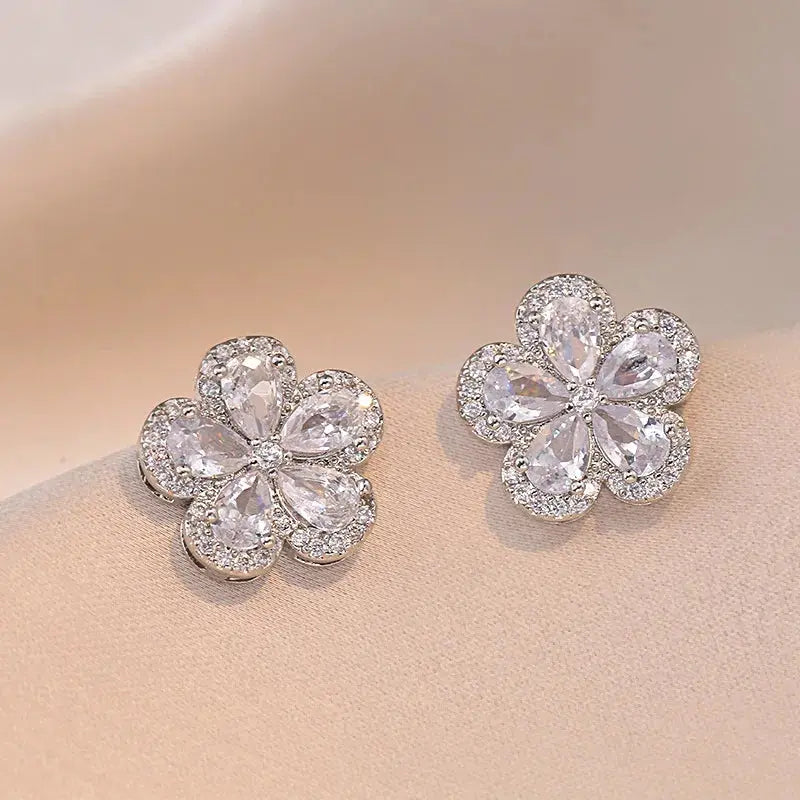 Charm Cherry Flower Stud Earrings and Pendant Clavicle Necklaces For Women Stainless Steel Jewelry Sets White Zircon Choker Gift Good Vibrations