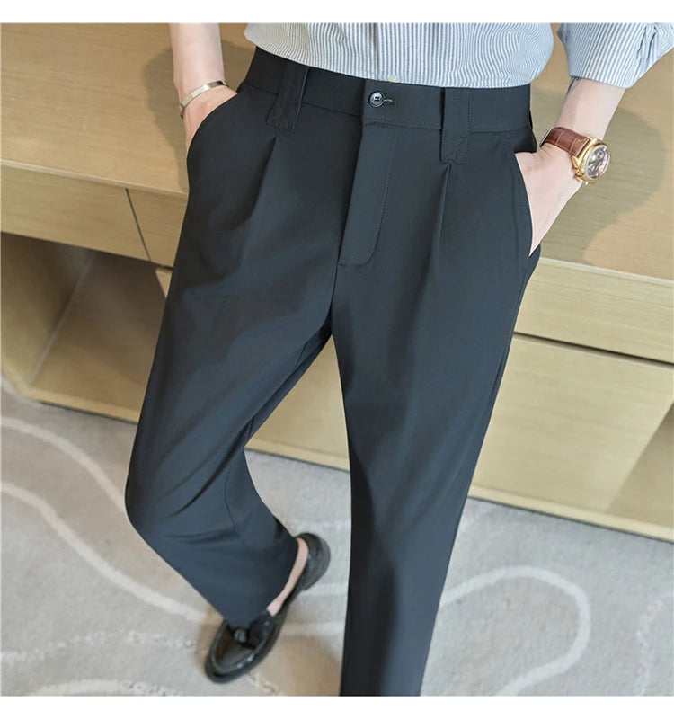 Men Straight Leg Suit Pants Summer Ice Silk Lightweight Elastic Waist Casual Loose Wide-leg Trousers Dress Pants Men Clothing