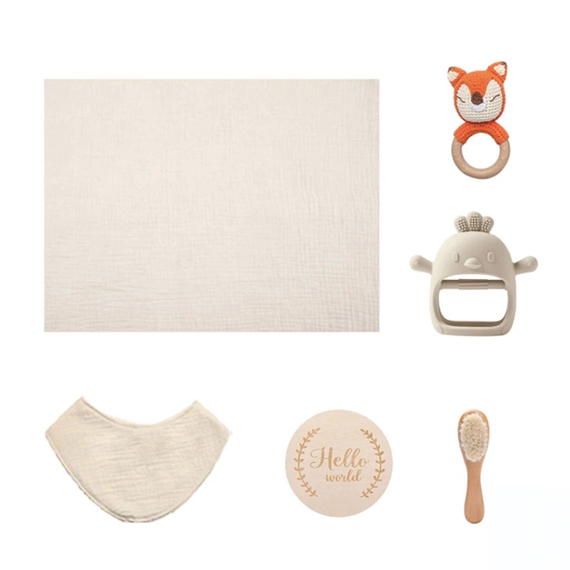 1Set Baby Shower Toy Set Food Grade Silicone Teether Toys Wooden Ring Crochet Rattle Milestones Card Bath Brush For Newborn Gift Good Vibrations