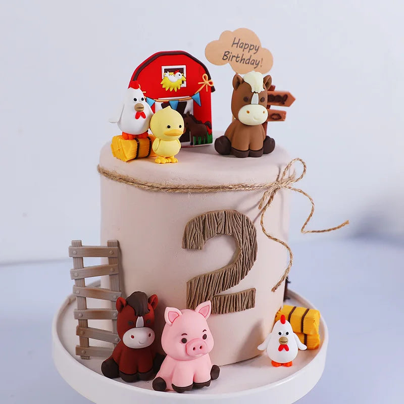 Farm Series Cake Topper Lambs Ponies Piglets Chickens Ducks Haystacks for Children's One Year Old Birthday Party Cake Decoration Good Vibrations