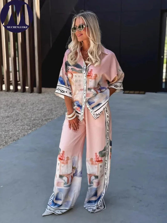 Women's Summer 2-Piece Set Elegant Printed Top & Casual Loose Wide Leg Pants Ensemble with Half Sleeve Fashionable Good Vibrations