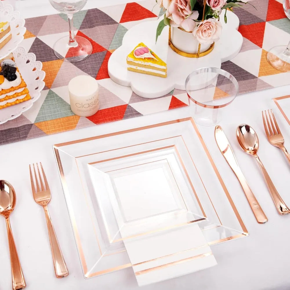 Popular - 350Pcs Rose Gold Plastic Plates - Clear Rose Gold Disposable Dinnerware Sets for 50Guests include 100 Plates 50 Cups Good Vibrations