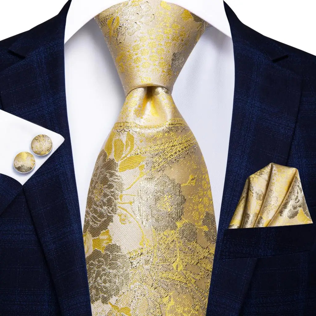 Hi-Tie Champagne Gold Striped Paisley Solid Men Silk Wedding Tie Fashion Design Necktie For Men Hanky Cufflink Business Party Good Vibrations