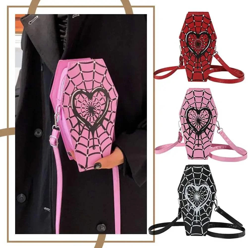 Women fashion shoulder bag coffin shaped with spider web design in black, red, and pink colors, adjustable strap, PU leather casual satchel bag.