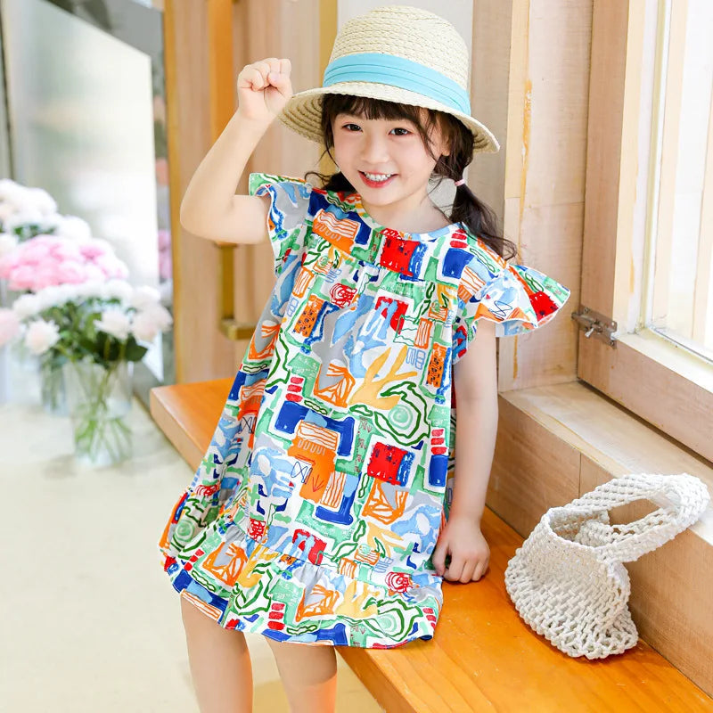 Girl Dresses100% Cotton Children's Clothing Summer Kids Clothes Girls Party Princess Fashion Outfit Flower Pattern Beach Dresses Good Vibrations