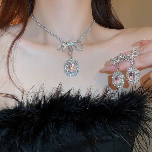 Inlaid Rhinestone Necklace Earrings Two Pcs Set Zircon Square Bow Jewelry Sets Light Luxury Fashion High Sense Accessories Gifts Good Vibrations Adult Super Store
