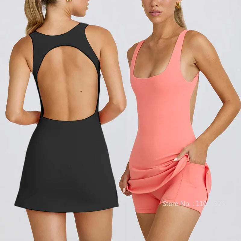 Tennis Dress Women Quick Dry Backless Golf Sport Skirts Set Sleeveless Slim Fitness Yoga Dress with Inner Shorts Sportswear Good Vibrations