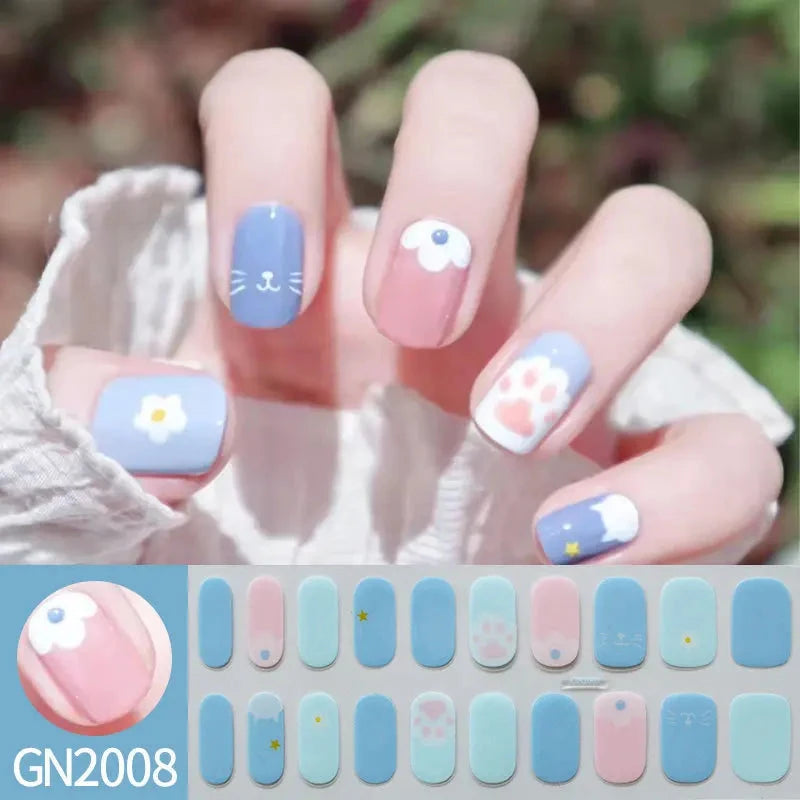 20Tips Semi-Cured Gel Nail Sticker Pure Color Uv/Led Lamp Gel Nail Polish Wraps Long-Lasting Full Cover Gel Sticker Nail Decor Good Vibrations