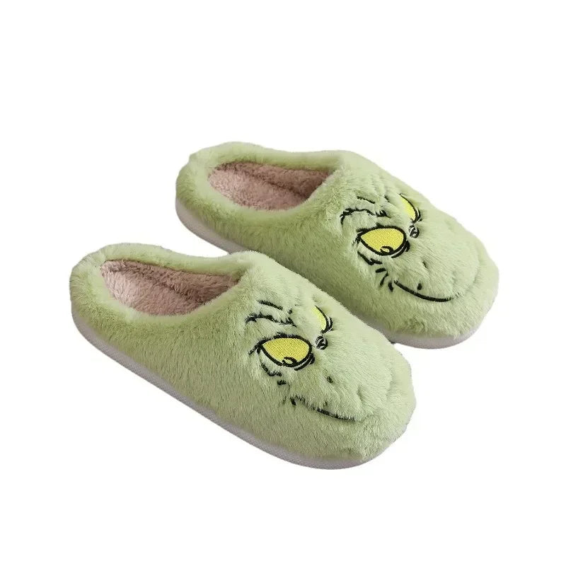Christmas Plush Slippers Women Winter Warm Cute Home Green Haired Monster Slippers Funny Non Slip Cotten Shoes New Year Gift Good Vibrations