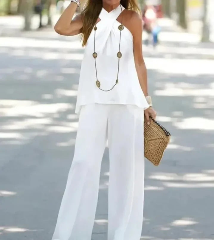 Women Two-Piece Set Halter Sleeveless V-Neck Top & High Waist Pants Set Casual Femme Fashion Loose Outfits for Woman Tracksuit Good Vibrations