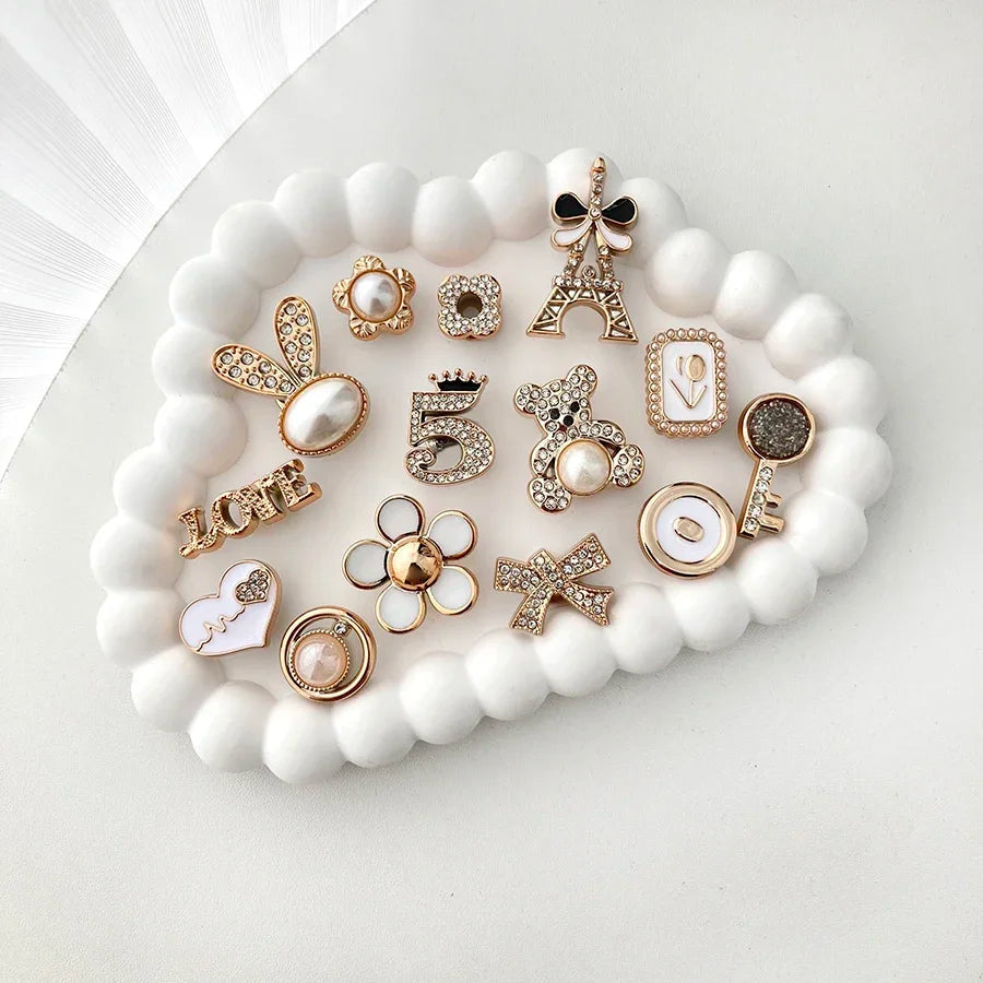 14pcs Sparkling Rhinestone Faux Pearl Shoe Charms Pins Set DIY Detachable Decorative Accessories Suitable For CROCS Clogs Good Vibrations