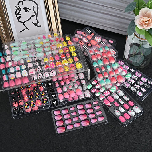24 Pcs/box Children Cartoon Nail Tips Colorful Artificial Fake Nails for Cute Kids Girls Full Cover Short False Nail Art Kits* Good Vibrations