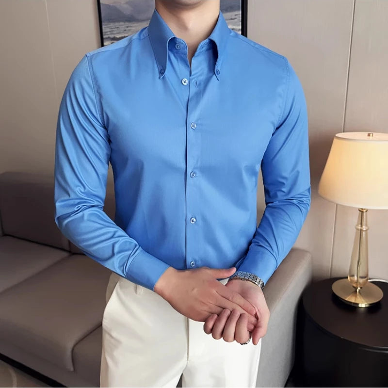 High Quality Versatile Business Casual Shirt Men Korean Fashion Long Sleeved Slim Fit Shirt Office Work Uniform Men Clothing 6XL Good Vibrations