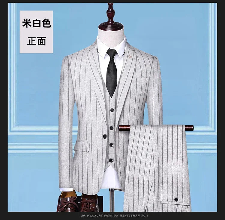 2025 Suit (suit + Vest + Trousers) Single Button Fashion Business Vertical Stripe Gentleman Suit Korean Suit Three-piece Suit Good Vibrations