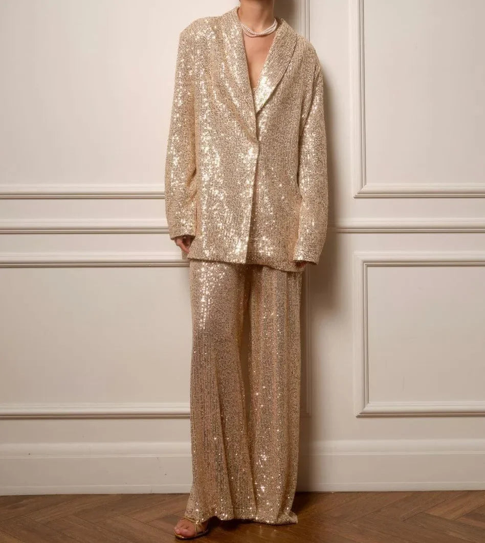 Women's Beaded Suit Jacket, Long Pants Set, Fashionable and Casual Temperament, Elegant Sequins Good Vibrations