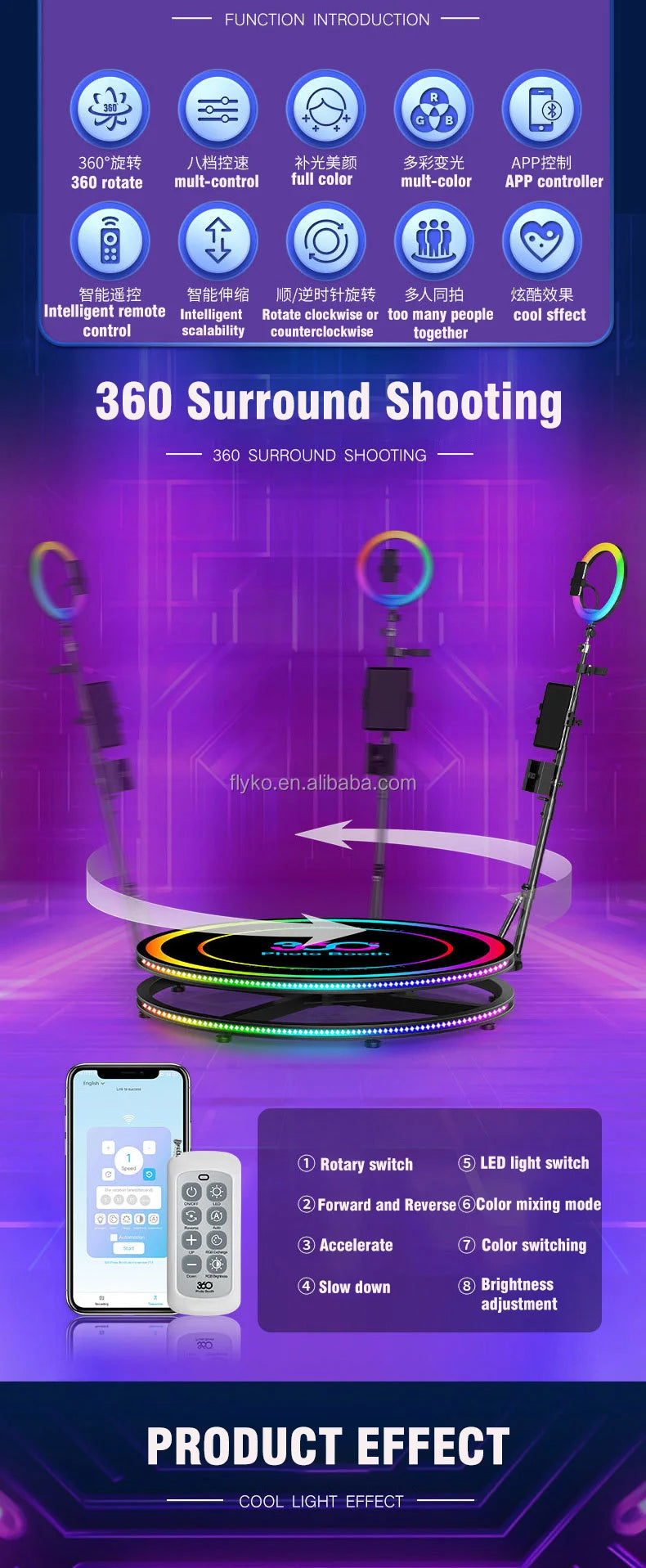 360 Photo Booth Machine 80-100cm with RGB Ring Light, Free Logo, rotating 360 Video Photo Booth for 1-5 People with Flight Case Good Vibrations
