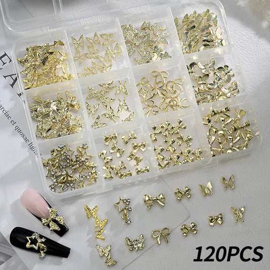 120pcs/box 3D Gold Bow Butterfly Nail Metal Charms Shiny Cute Bowtie/Diamond Star Nail Jewelry 120 Luxury Nail Art Supplies #RE4 Good Vibrations