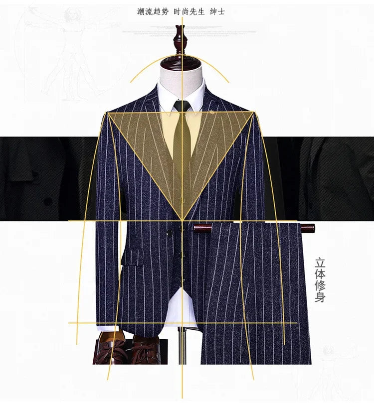 2025 Suit (suit + Vest + Trousers) Single Button Fashion Business Vertical Stripe Gentleman Suit Korean Suit Three-piece Suit Good Vibrations