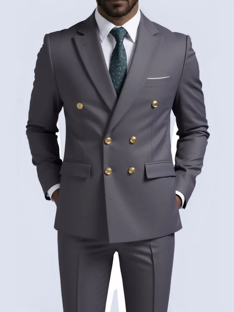 Suit (Blazer + Trousers) Men's Fashionable Gentleman Business Double-breasted Solid-color Banquet Host Casual Wedding Suit Good Vibrations