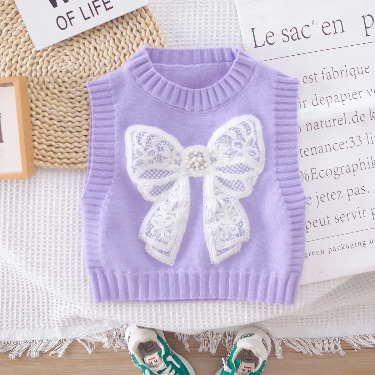 2025 Spring New Girls Clothing Set 1-5Y Girls Suit Solid Shirt Matched Bow Knit Vest And Blue Jeans 3 PCs Girls Suit Good Vibrations